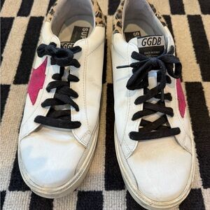 Golden Goose White Leather Sneakers with Pink Star & Leopard Heel